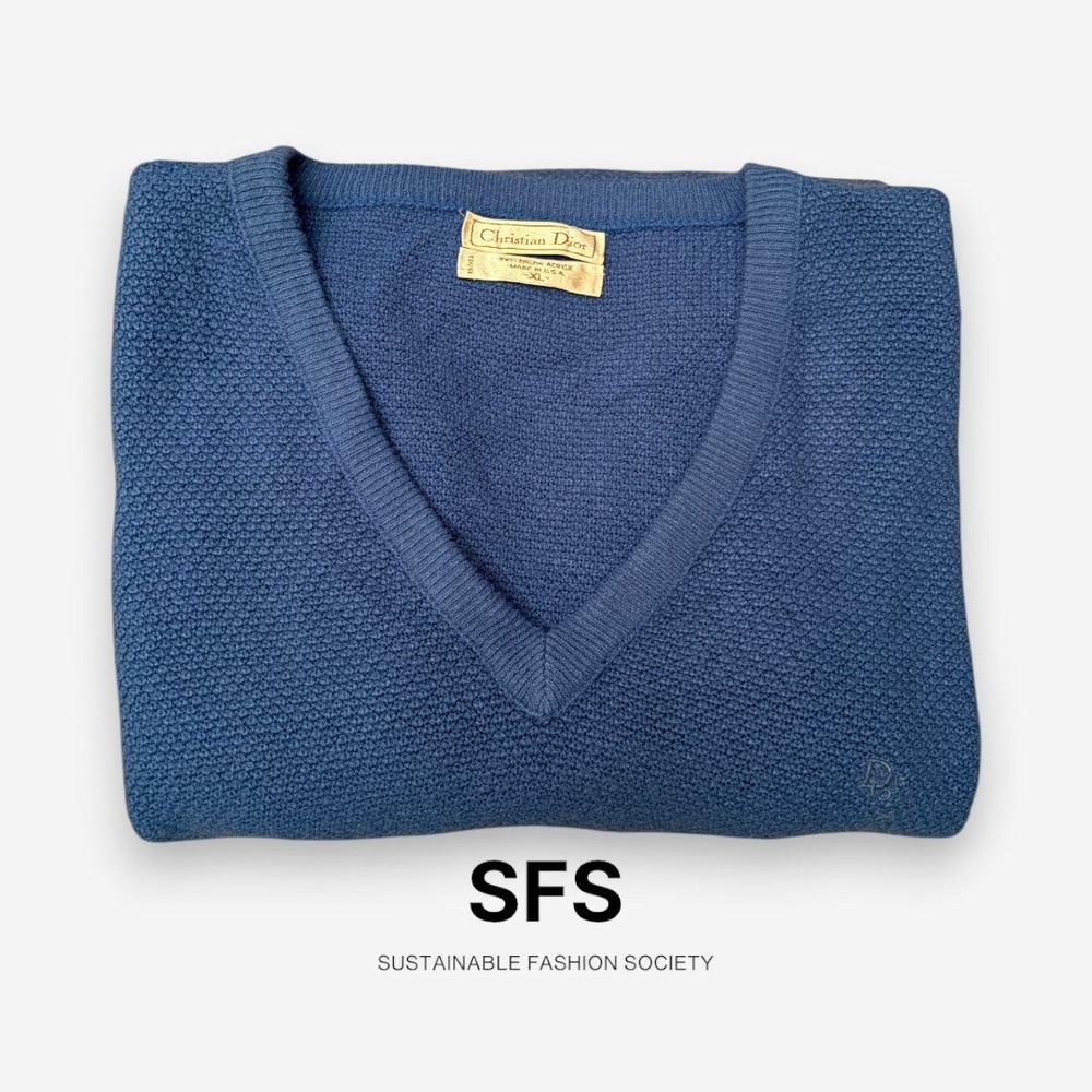 Vintage Christian Dior Monsieur V-Neck Sweater Blue Textured Knit XL USA Made - Picture 5 of 6